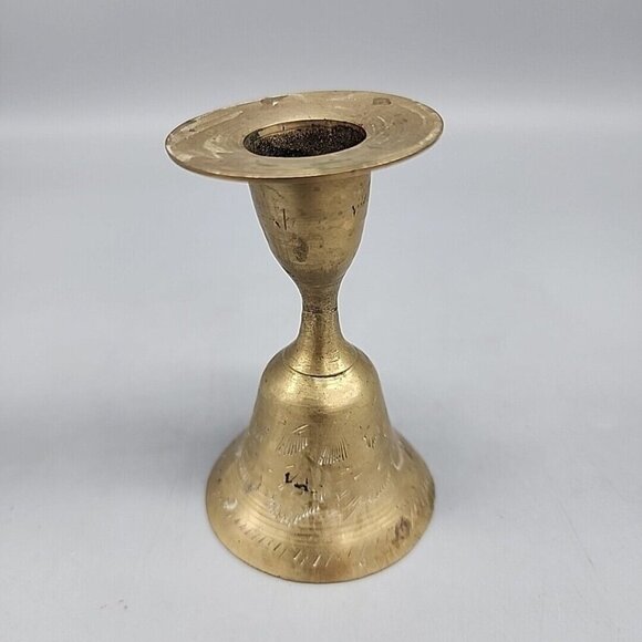 VINTAGE Brass Taper Bell Etched Made in India 3 1/2" T x 2 1/4" W - Picture 1 of 5